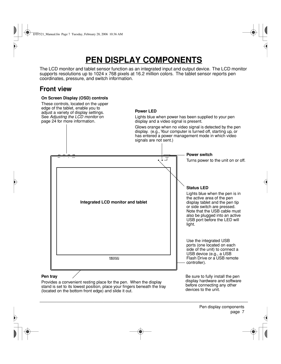 Wacom PL-521, DTF-521 manual PEN Display Components, Front view 