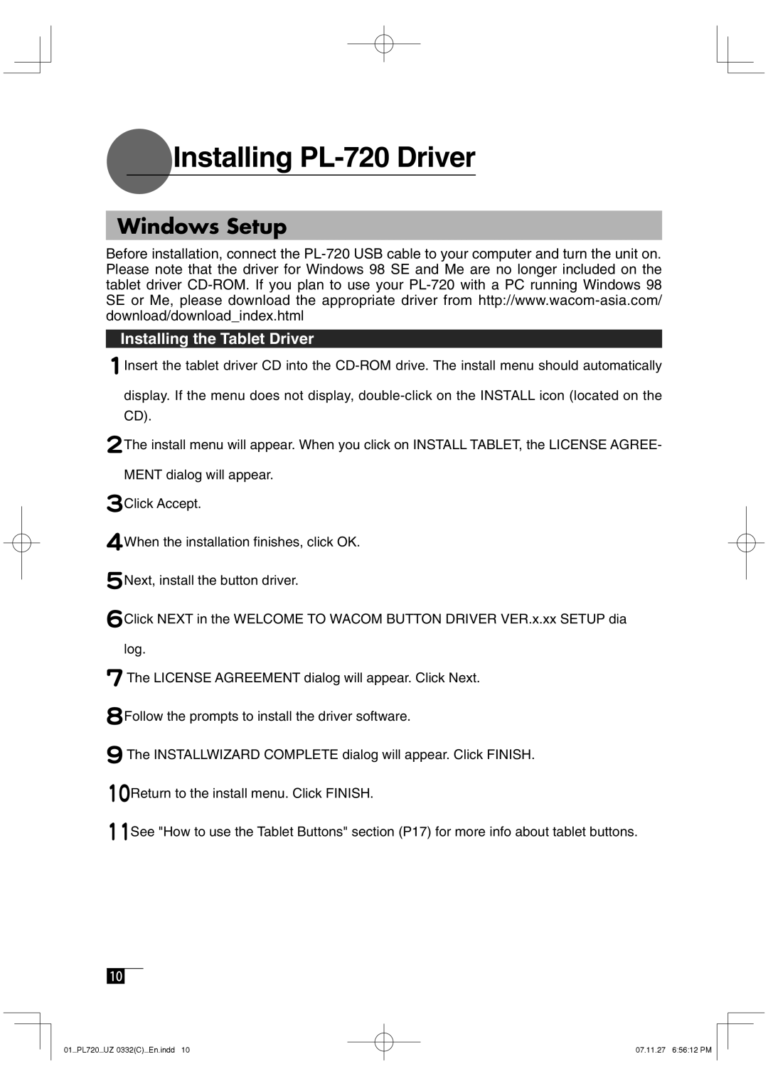 Wacom DTF-720 manual Installing PL-720 Driver, Windows Setup, Installing the Tablet Driver 