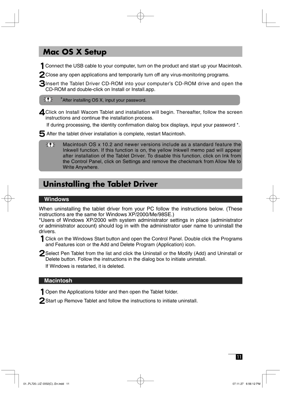 Wacom DTF-720 manual Mac OS X Setup, Uninstalling the Tablet Driver, Windows, Macintosh 