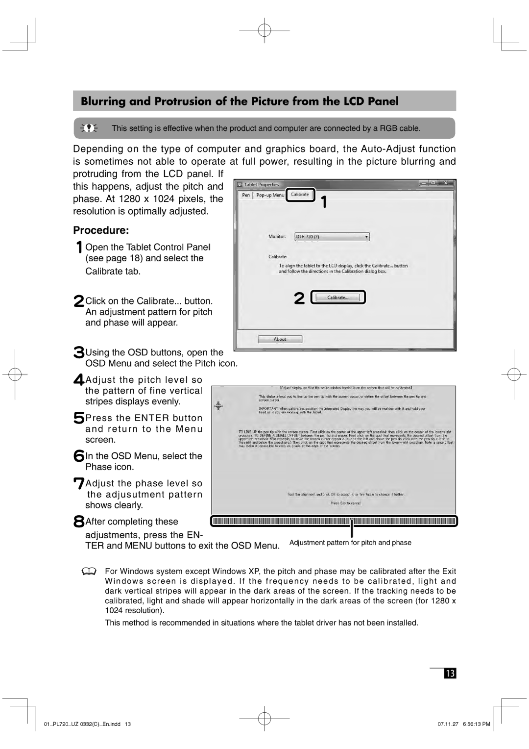 Wacom DTF-720 manual Blurring and Protrusion of the Picture from the LCD Panel, Procedure 