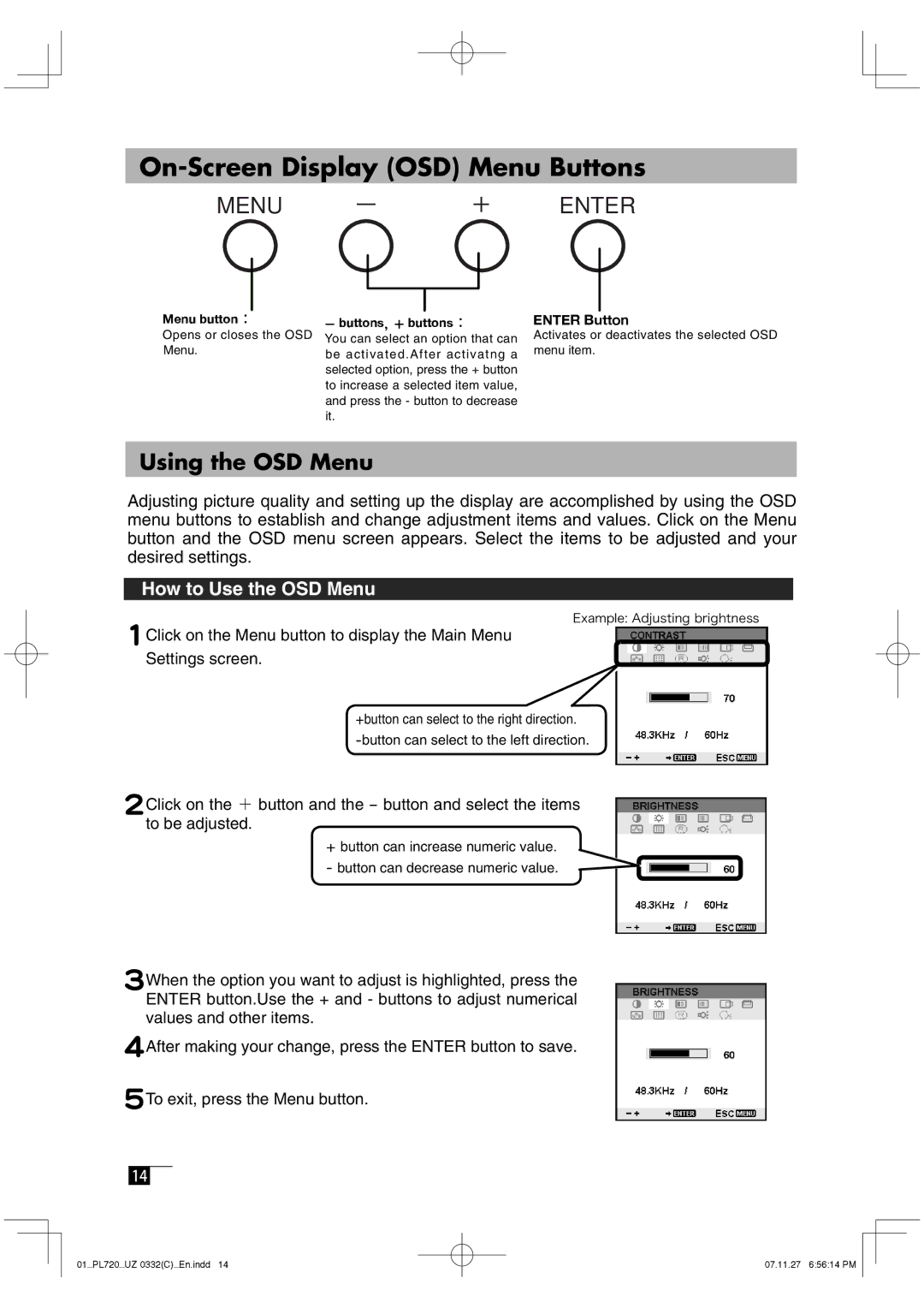 Wacom DTF-720 manual On-Screen Display OSD Menu Buttons, How to Use the OSD Menu 