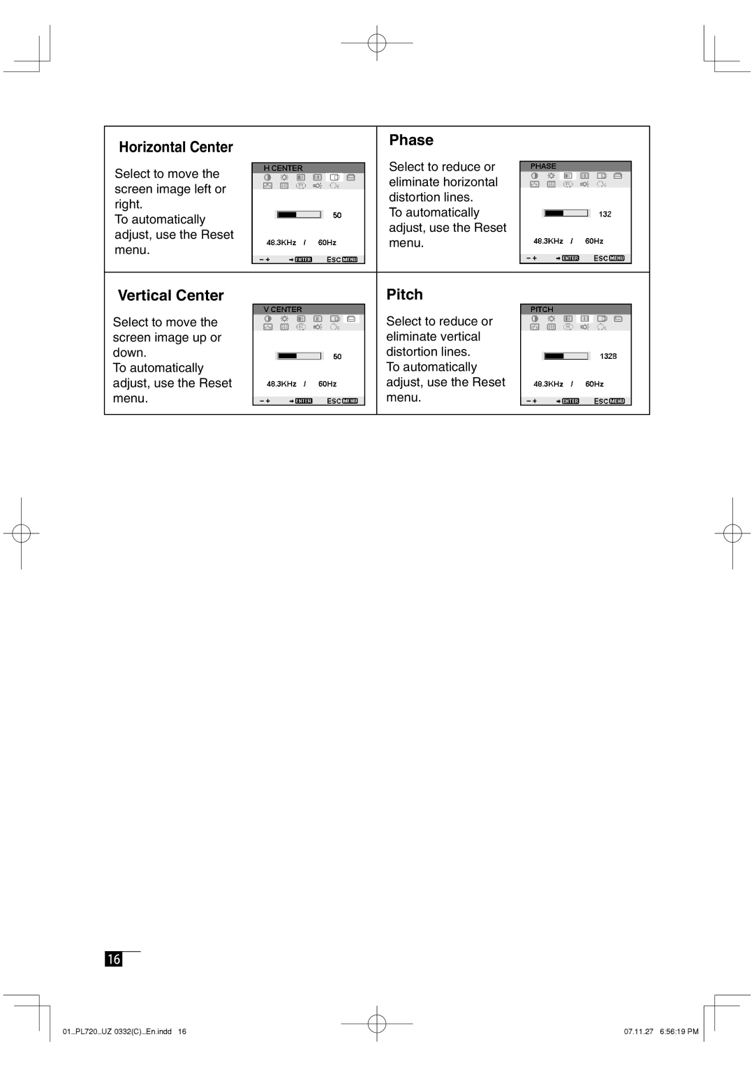 Wacom DTF-720 manual Horizontal Center Phase, Vertical Center Pitch 