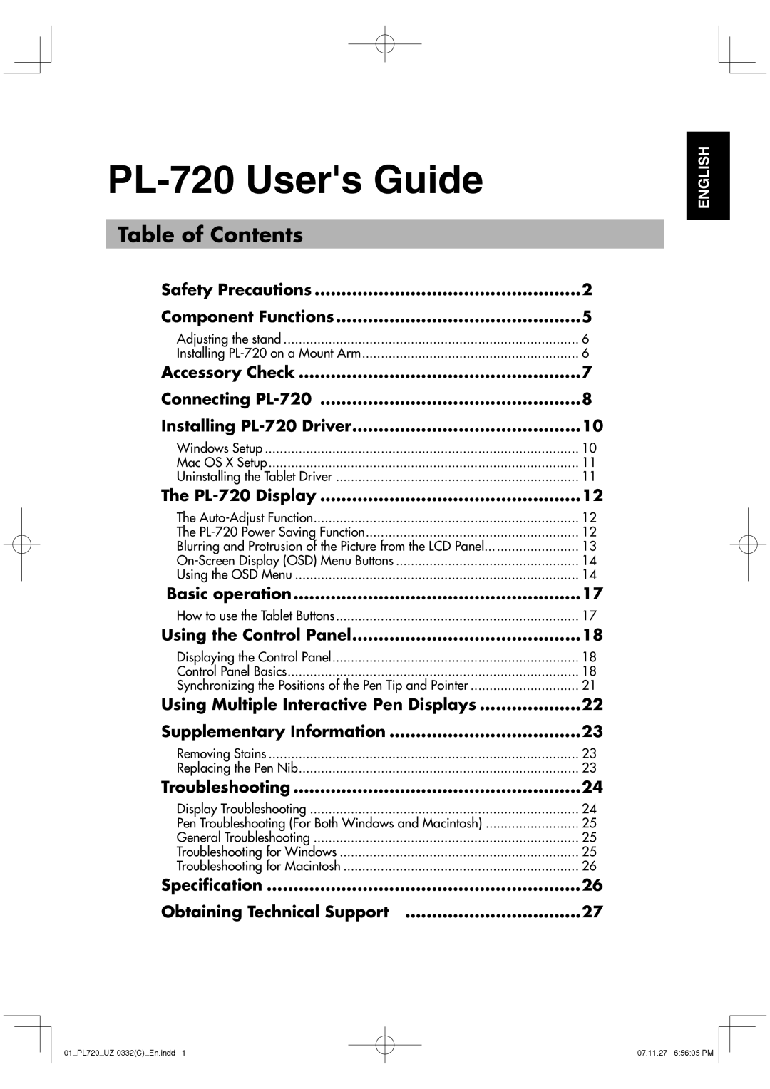 Wacom DTF-720 manual PL-720 Users Guide, Table of Contents 