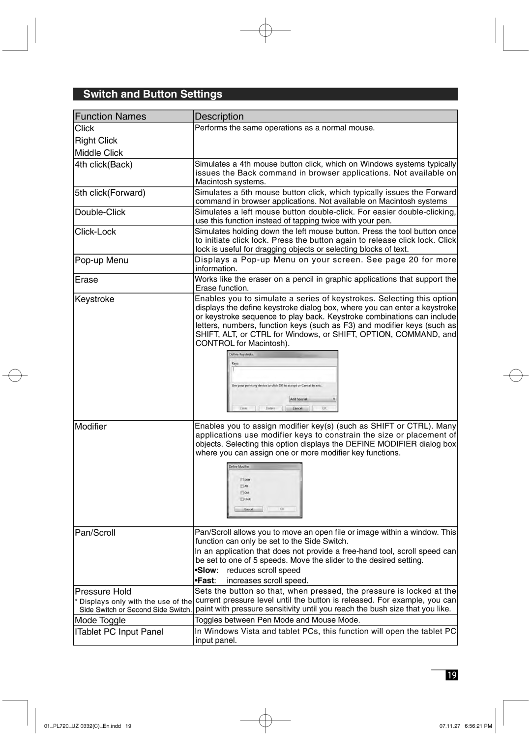 Wacom DTF-720 manual Switch and Button Settings, Function Names Description 