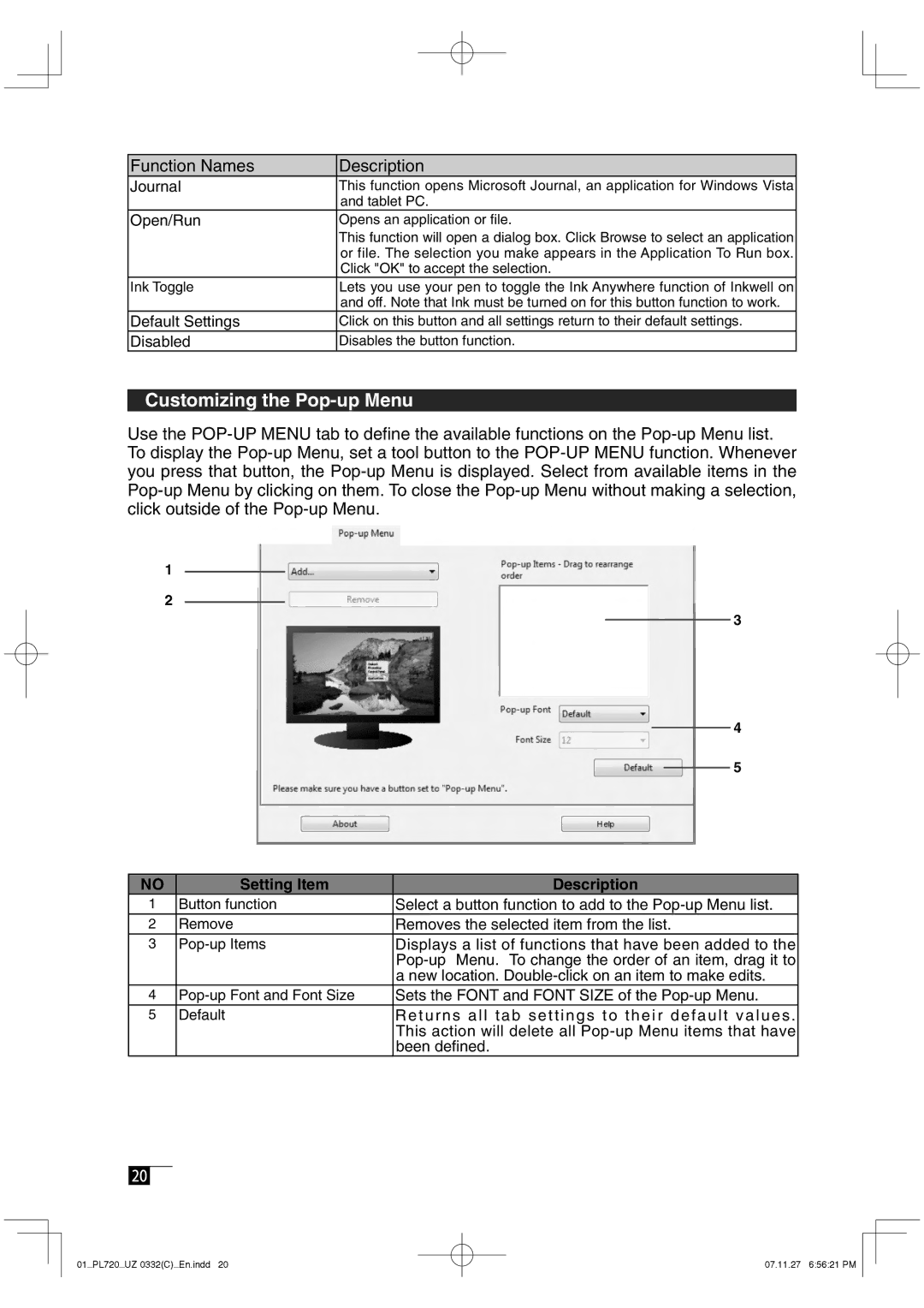 Wacom DTF-720 manual Customizing the Pop-up Menu, Open/Run 