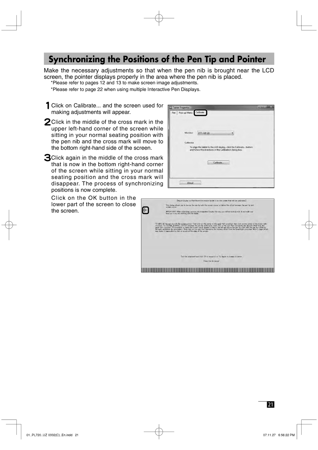 Wacom DTF-720 manual Synchronizing the Positions of the Pen Tip and Pointer 