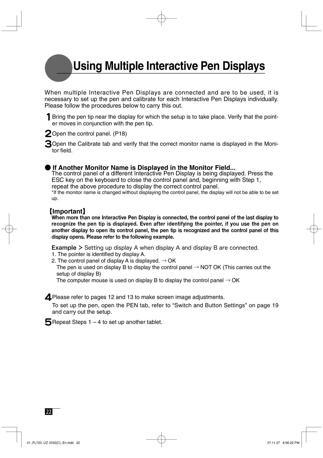 Wacom DTF-720 manual Using Multiple Interactive Pen Displays, If Another Monitor Name is Displayed in the Monitor Field 