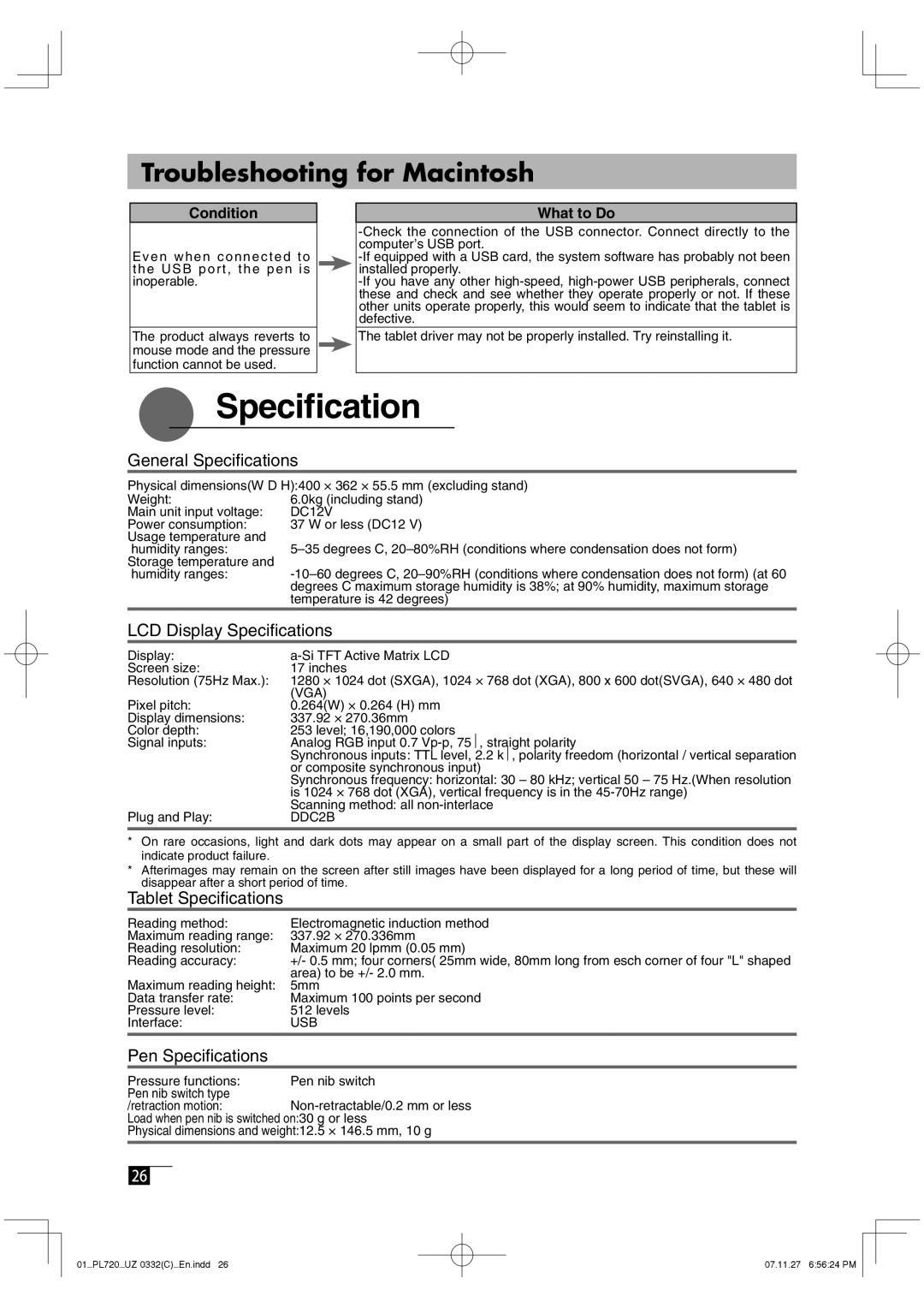 Wacom DTF-720 manual Speciﬁcation, Troubleshooting for Macintosh 