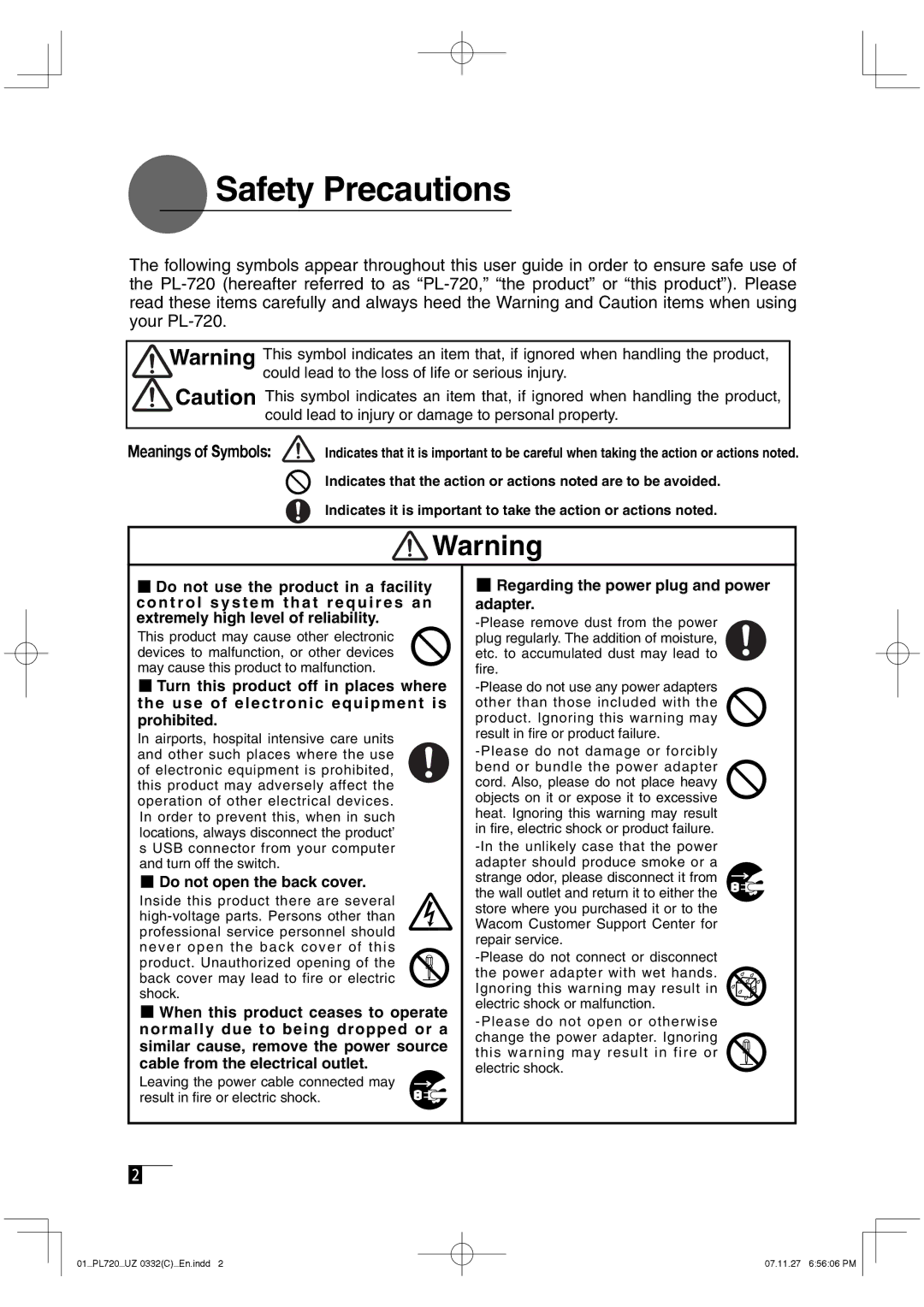 Wacom DTF-720 manual Safety Precautions, Do not open the back cover, Regarding the power plug and power adapter 