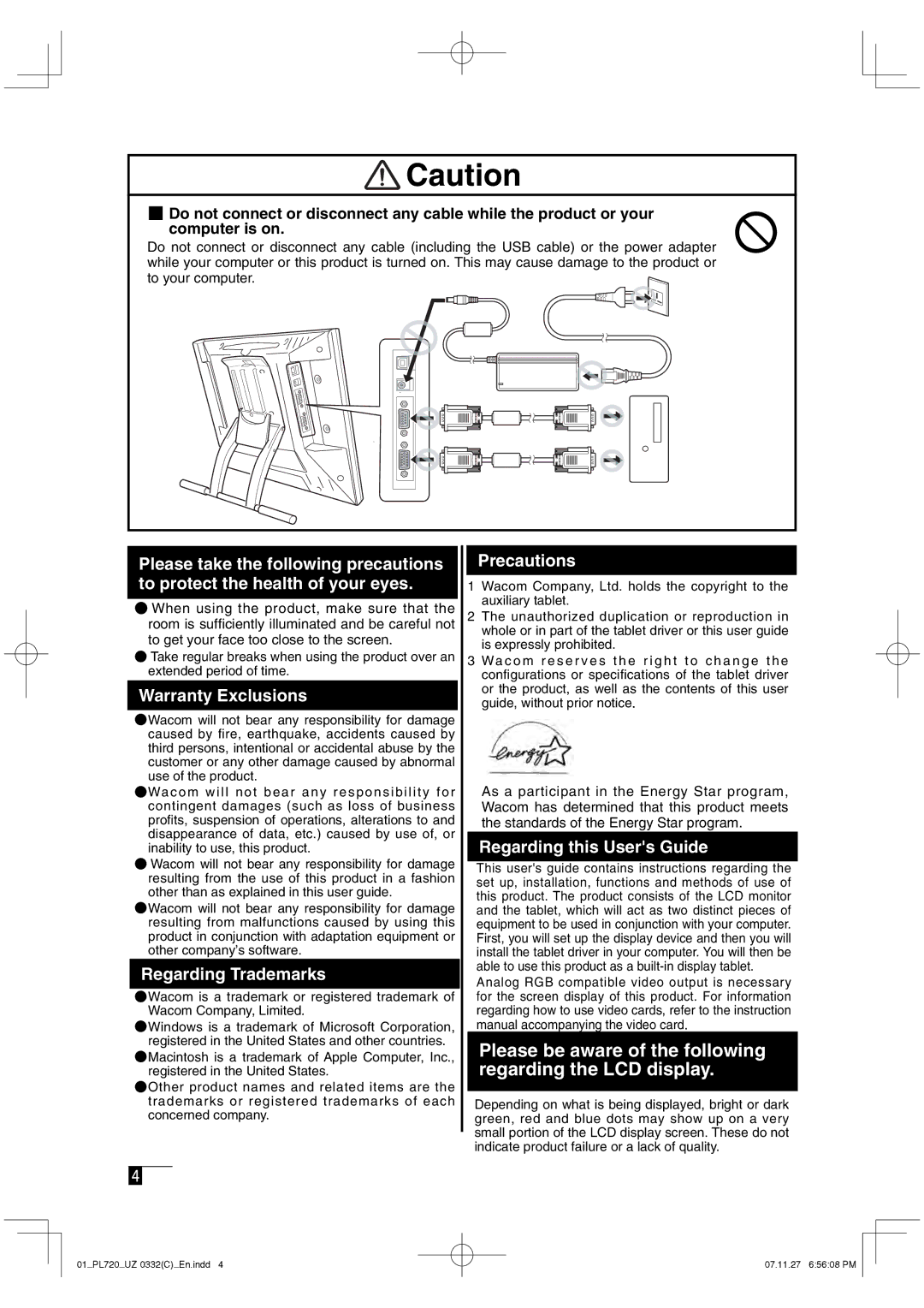 Wacom DTF-720 manual Please be aware of the following regarding the LCD display, Warranty Exclusions 