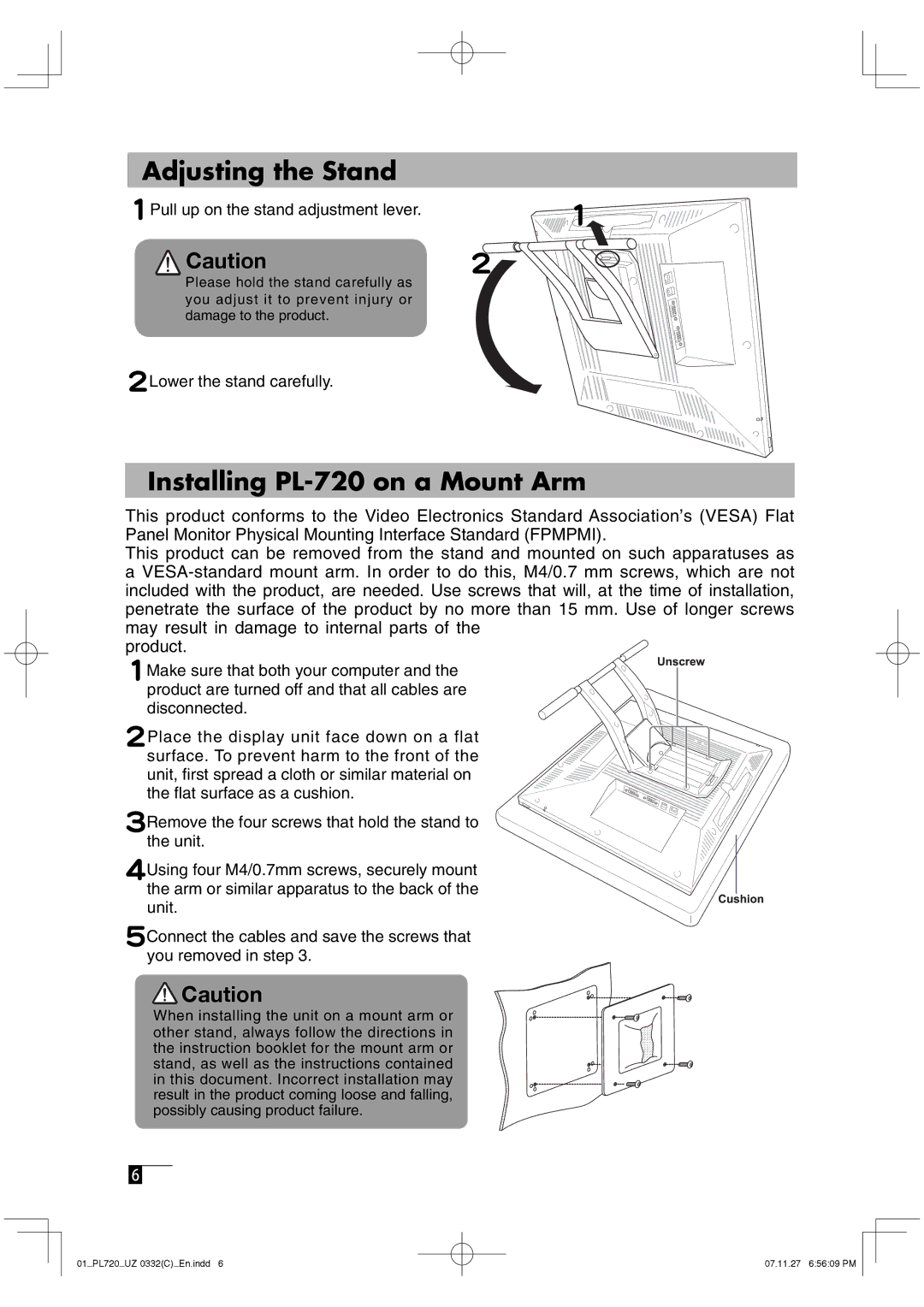 Wacom DTF-720 manual Adjusting the Stand, Installing PL-720 on a Mount Arm 