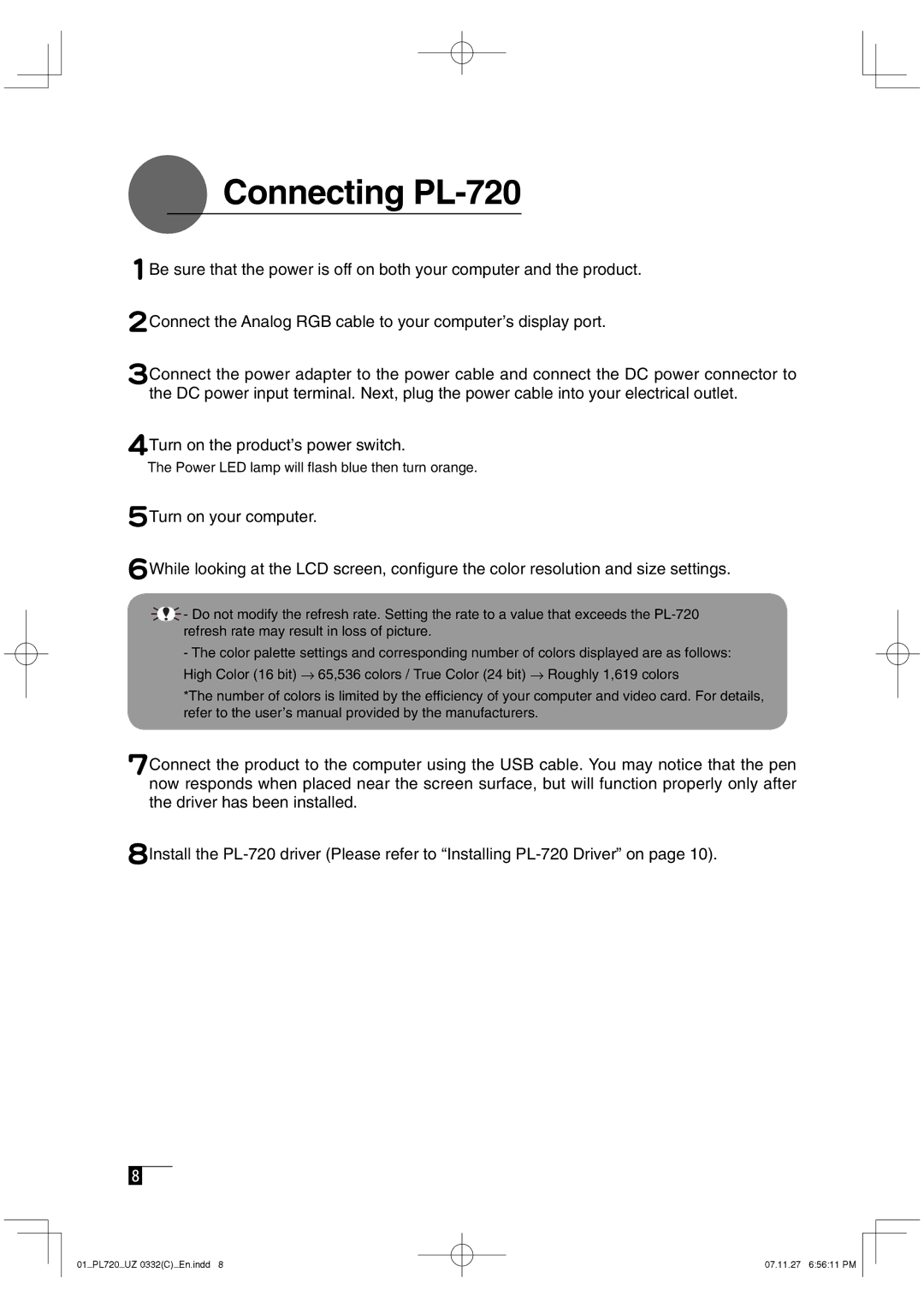 Wacom DTF-720 manual Connecting PL-720 