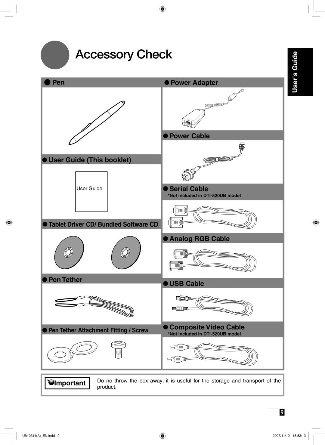 Wacom DTI-520 manual Accessory Check, Guide, Users 