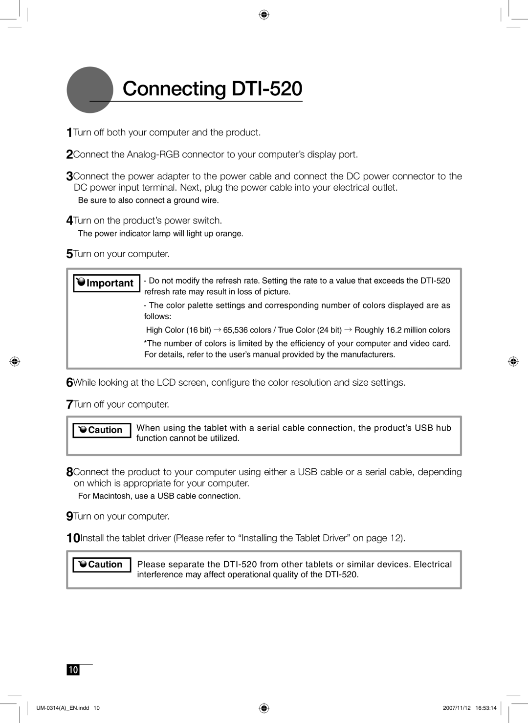 Wacom manual Connecting DTI-520, 5Turn on your computer 