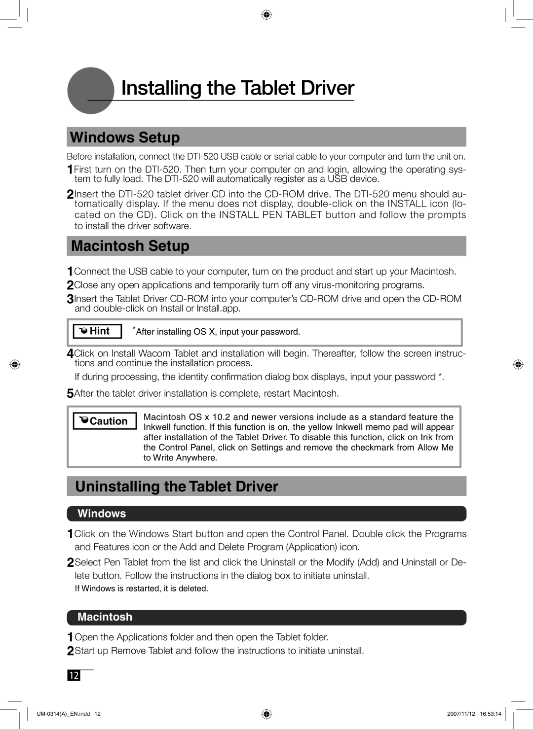 Wacom DTI-520 manual Installing the Tablet Driver, Windows Setup, Macintosh Setup, Uninstalling the Tablet Driver 