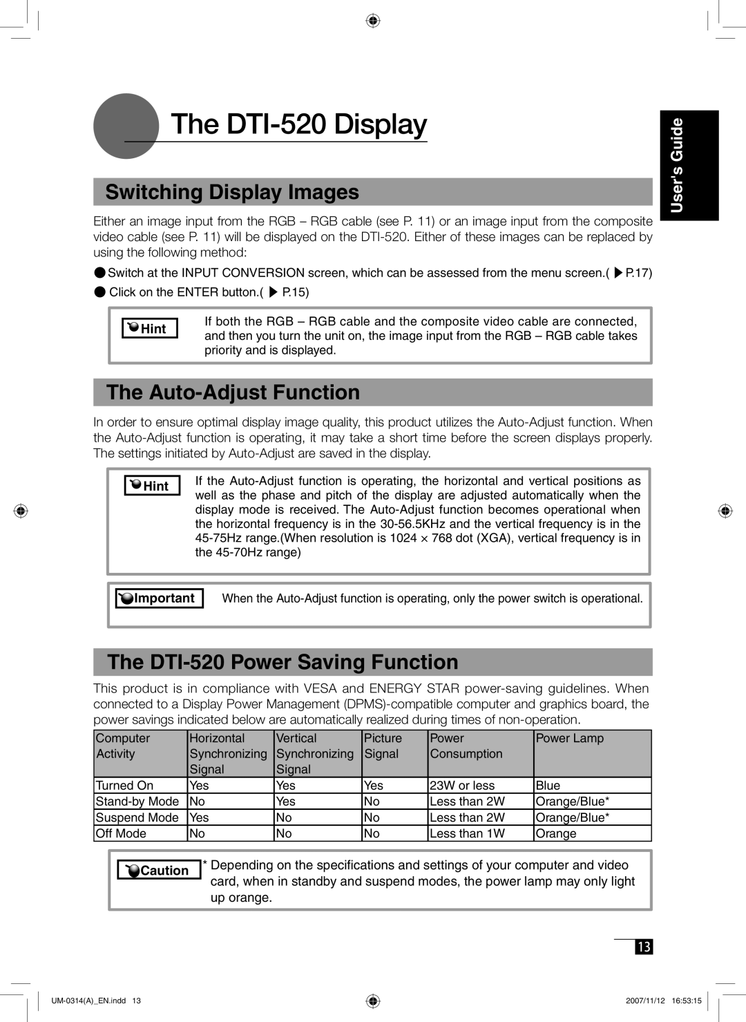 Wacom manual DTI-520 Display, Switching Display Images, Auto-Adjust Function, DTI-520 Power Saving Function, Hint 