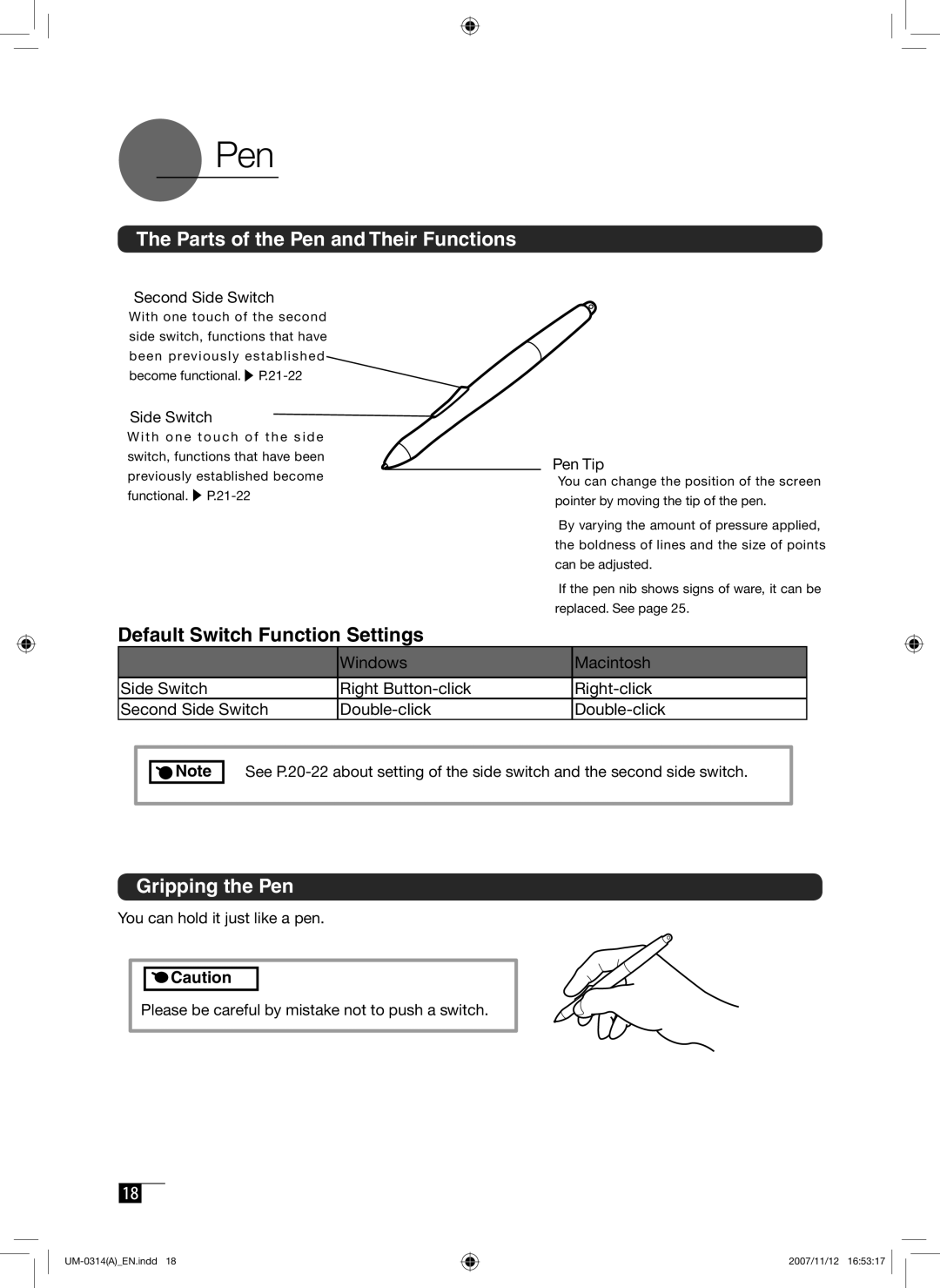 Wacom DTI-520 manual Parts of the Pen and Their Functions, Default Switch Function Settings, Gripping the Pen 