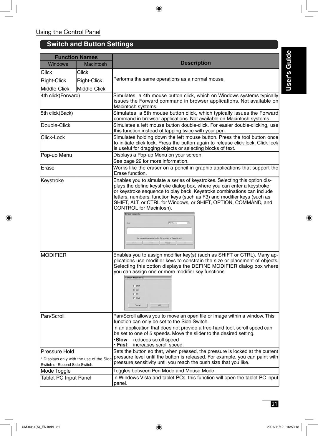 Wacom DTI-520 manual Switch and Button Settings, Function Names Description 