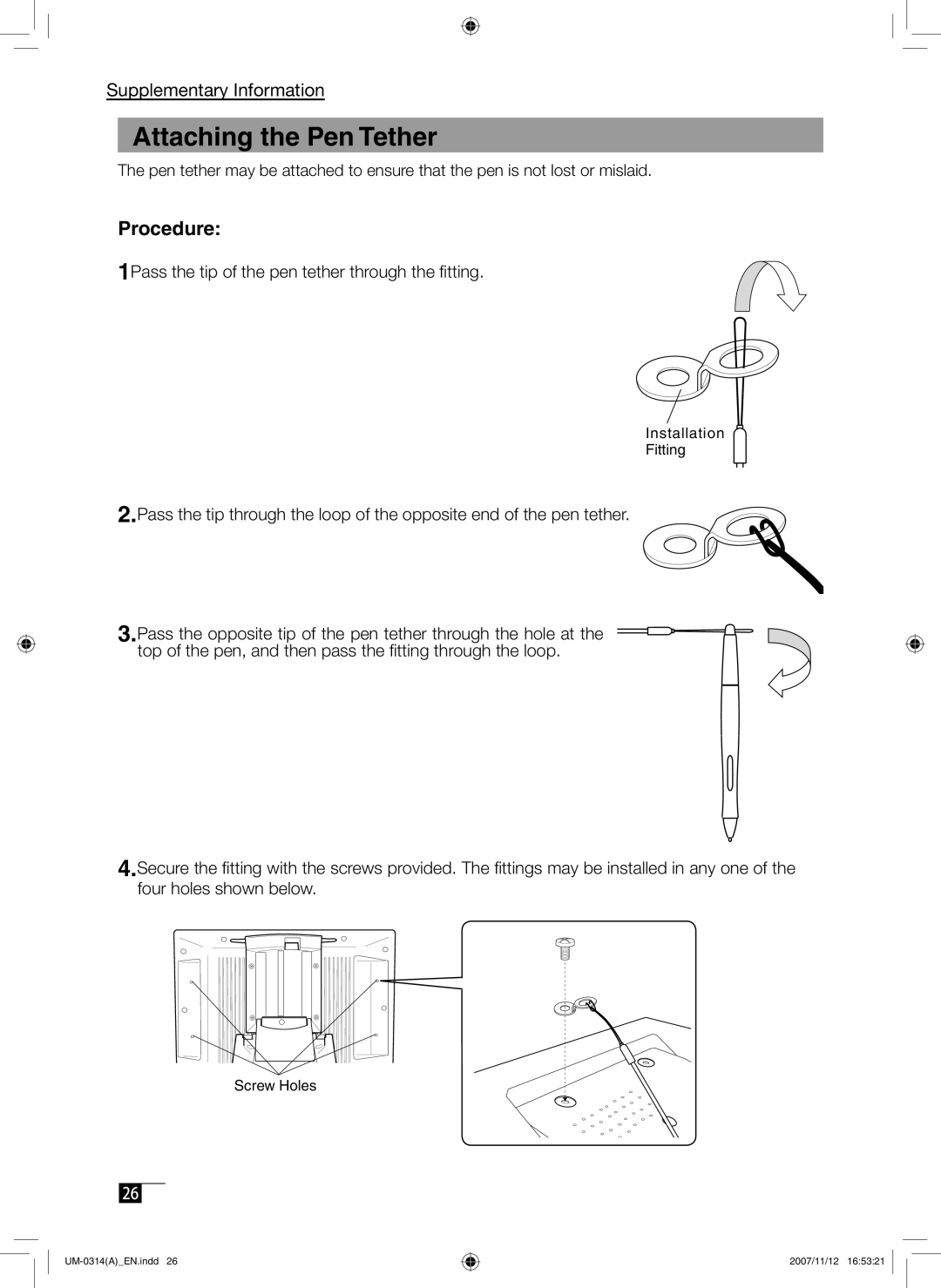 Wacom DTI-520 manual Attaching the Pen Tether, Procedure 