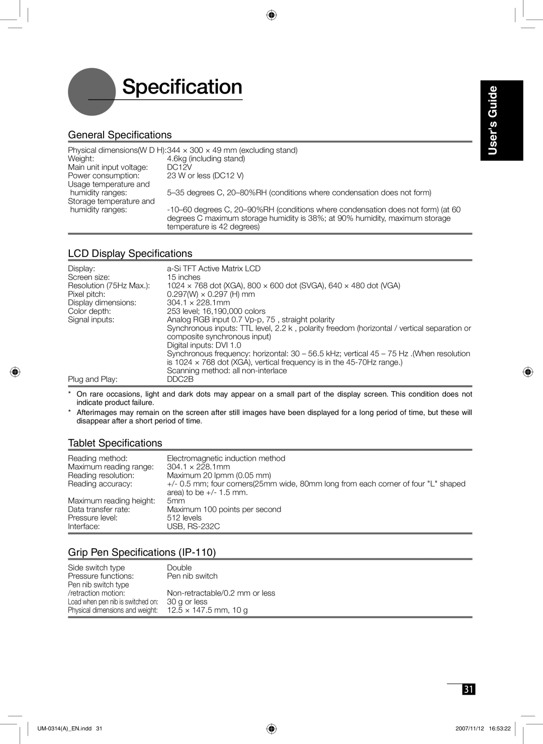 Wacom DTI-520 manual General Specifications 