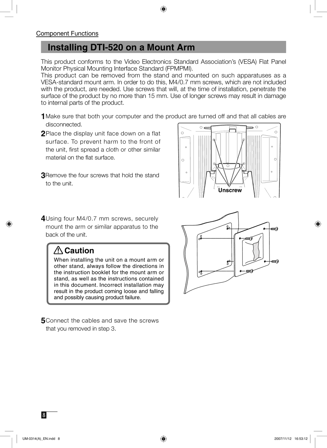 Wacom manual Installing DTI-520 on a Mount Arm, Unscrew 