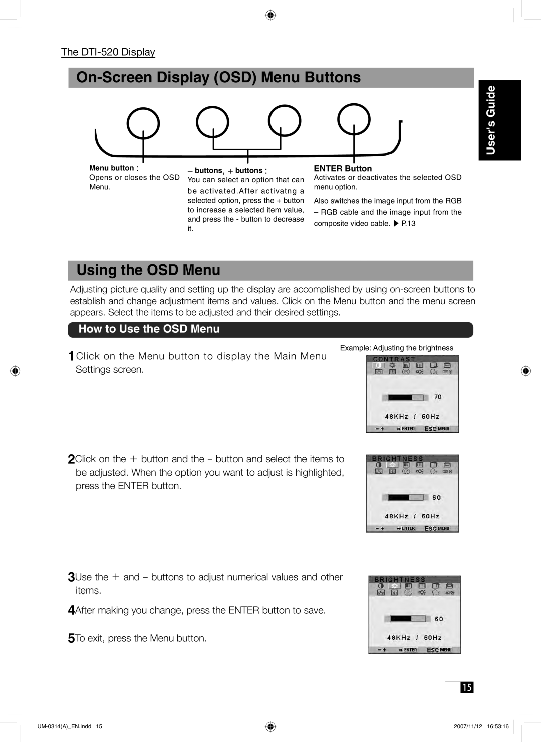 Wacom DTI-520 manual On-Screen Display OSD Menu Buttons, Using the OSD Menu, How to Use the OSD Menu, Users Guide 