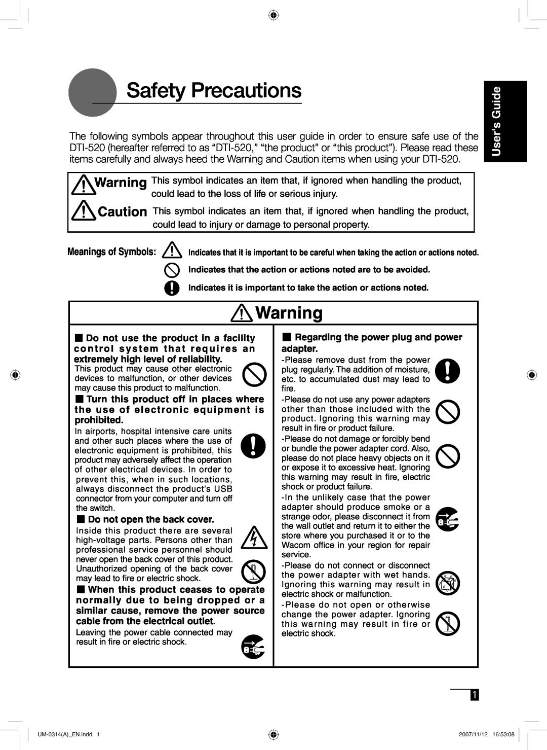 Wacom DTI-520 manual Safety Precautions, Users Guide 