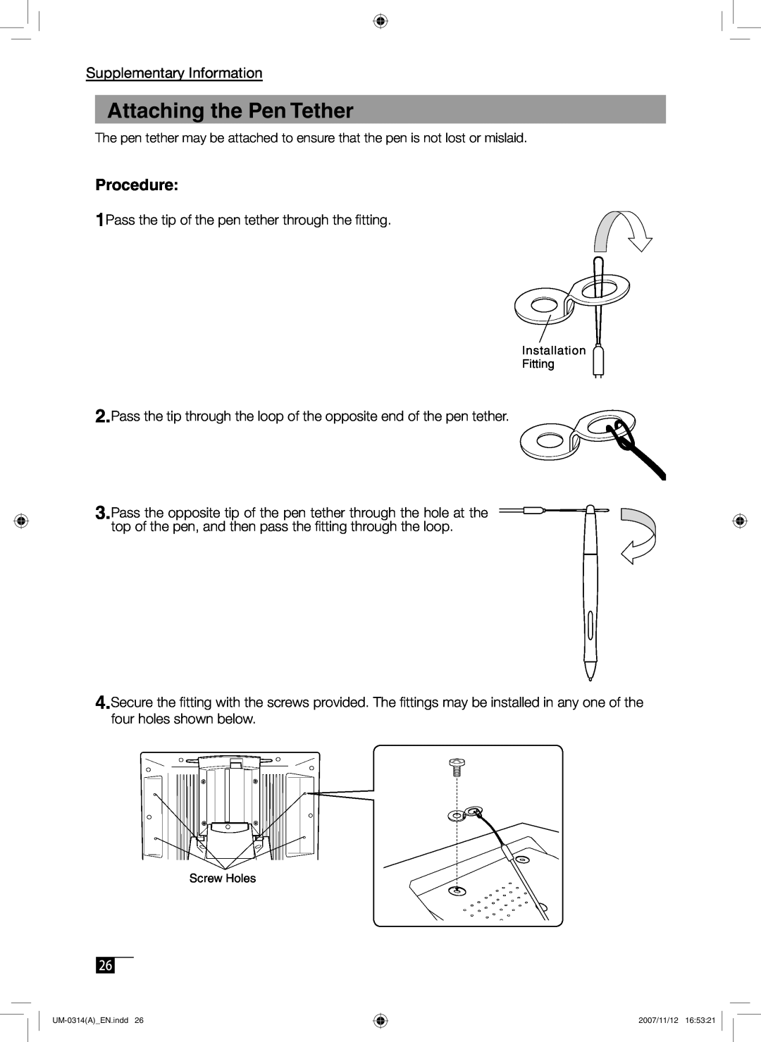 Wacom DTI-520 manual Attaching the Pen Tether, Supplementary Information 