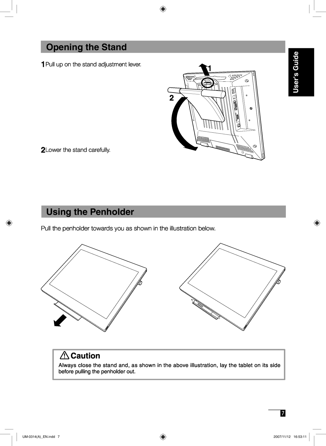 Wacom DTI-520 Opening the Stand, Using the Penholder, Users Guide, 1Pull up on the stand adjustment lever, UM-0314AEN.indd 