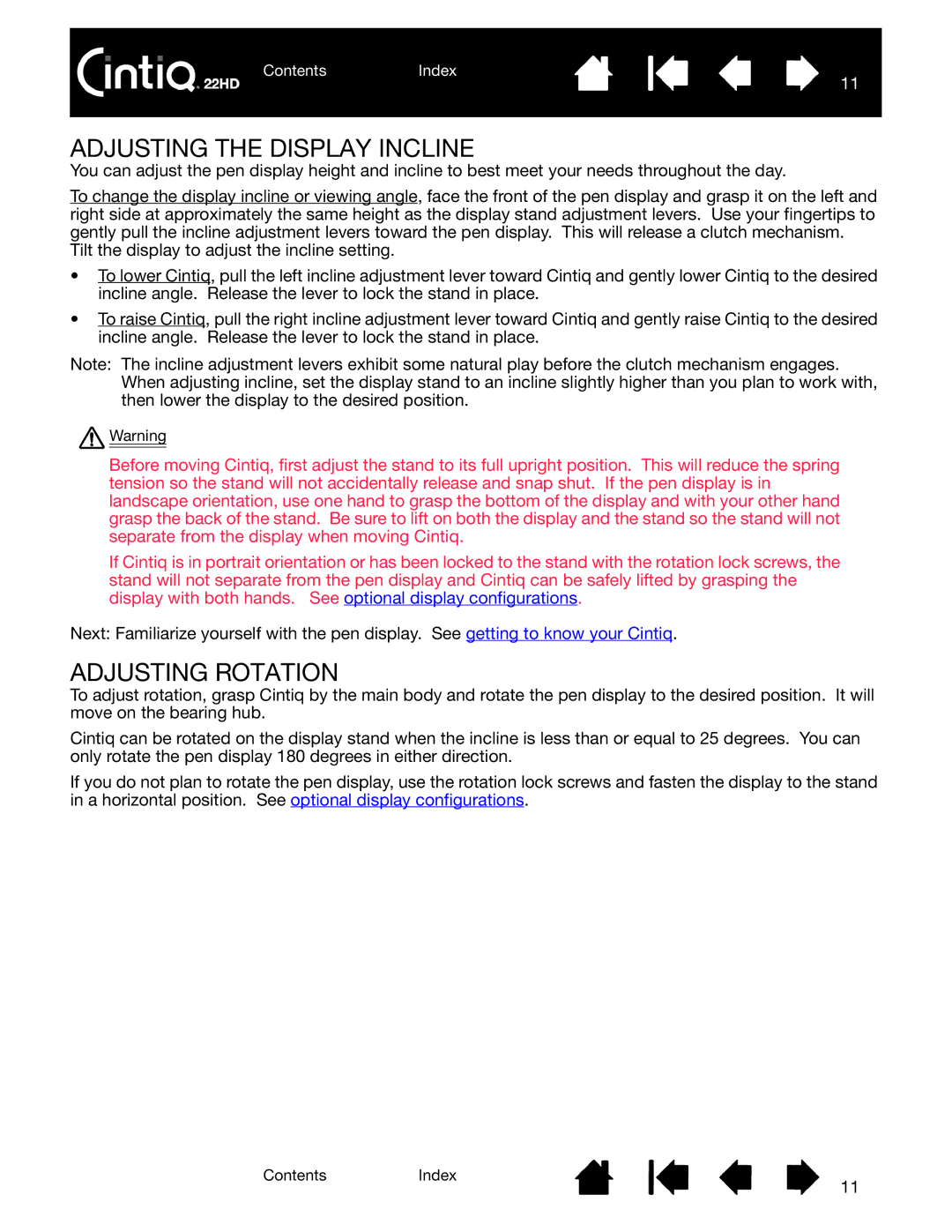 Wacom DTK-2200 user manual Adjusting the Display Incline, Adjusting Rotation 