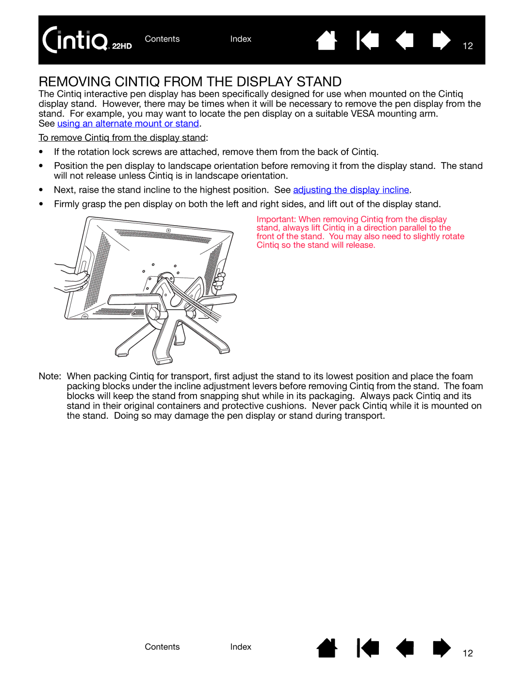 Wacom DTK-2200 user manual Removing Cintiq from the Display Stand, See using an alternate mount or stand 