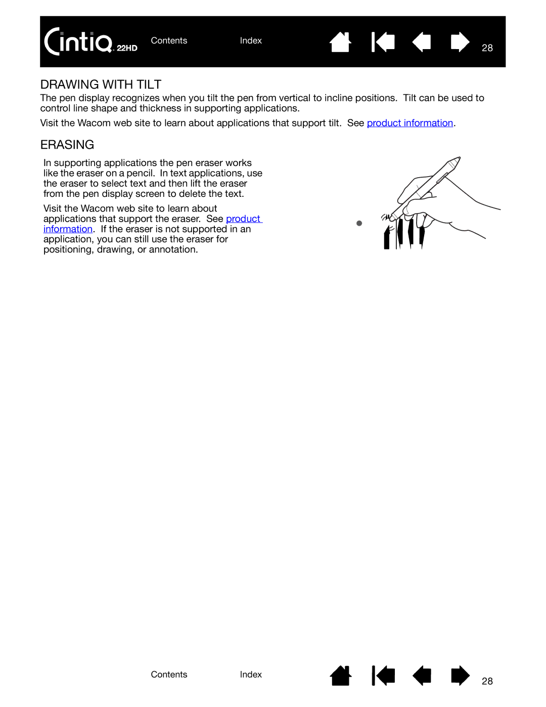 Wacom DTK-2200 user manual Drawing with Tilt, Erasing 