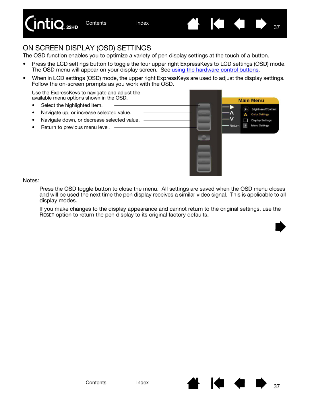 Wacom DTK-2200 user manual On Screen Display OSD Settings 