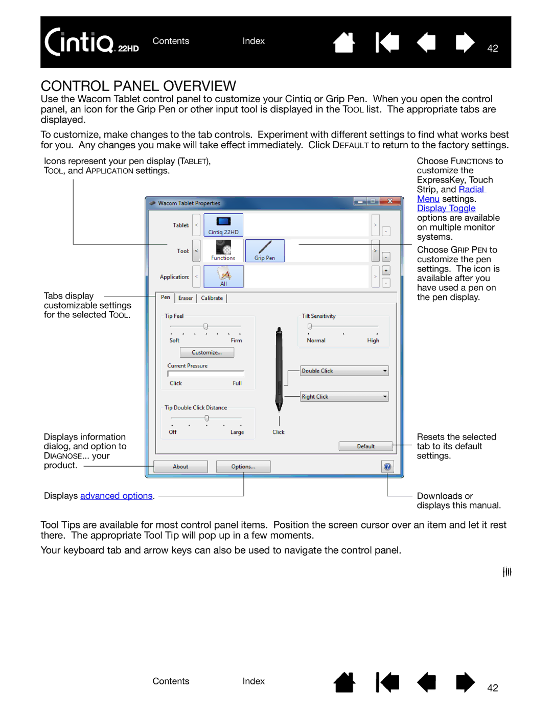 Wacom DTK-2200 user manual Control Panel Overview, Displays advanced options 