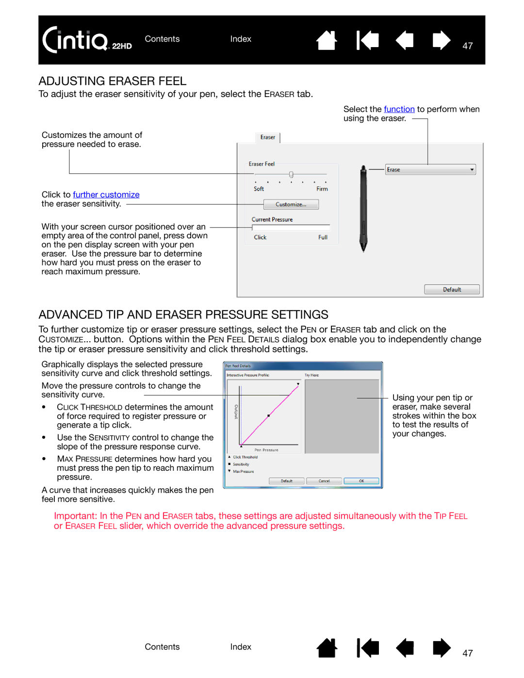 Wacom DTK-2200 user manual Adjusting Eraser Feel, Advanced TIP and Eraser Pressure Settings 