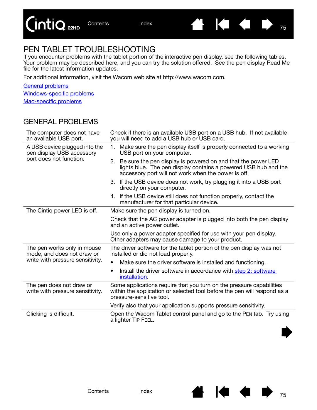 Wacom DTK-2200 user manual PEN Tablet Troubleshooting, General Problems 