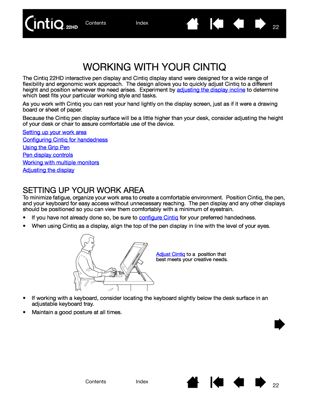 Wacom DTK-2200 user manual Working With Your Cintiq, Setting Up Your Work Area, Using the Grip Pen Pen display controls 