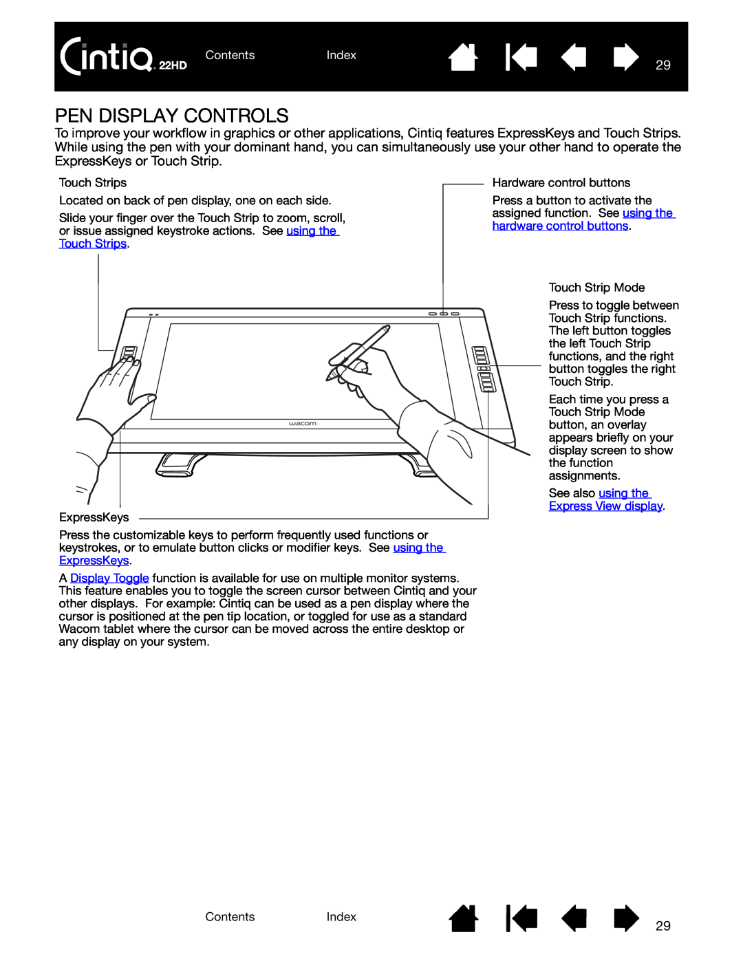 Wacom DTK-2200 user manual Pen Display Controls, ContentsIndex, See also using the Express View display 