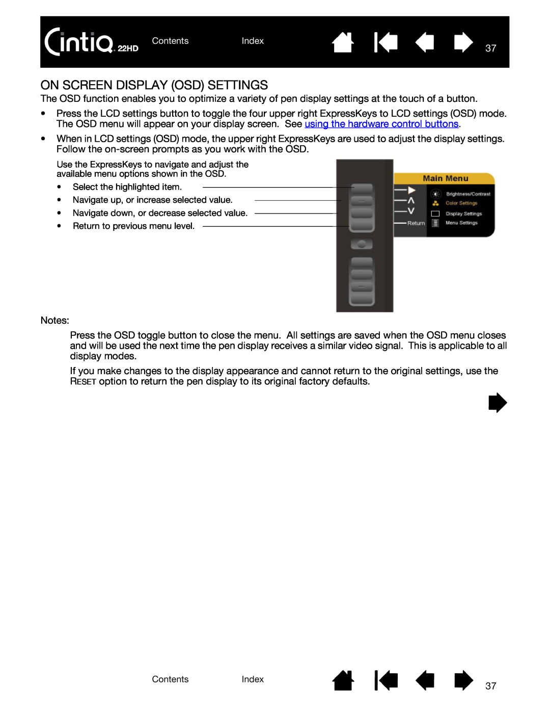 Wacom DTK-2200 user manual On Screen Display Osd Settings 