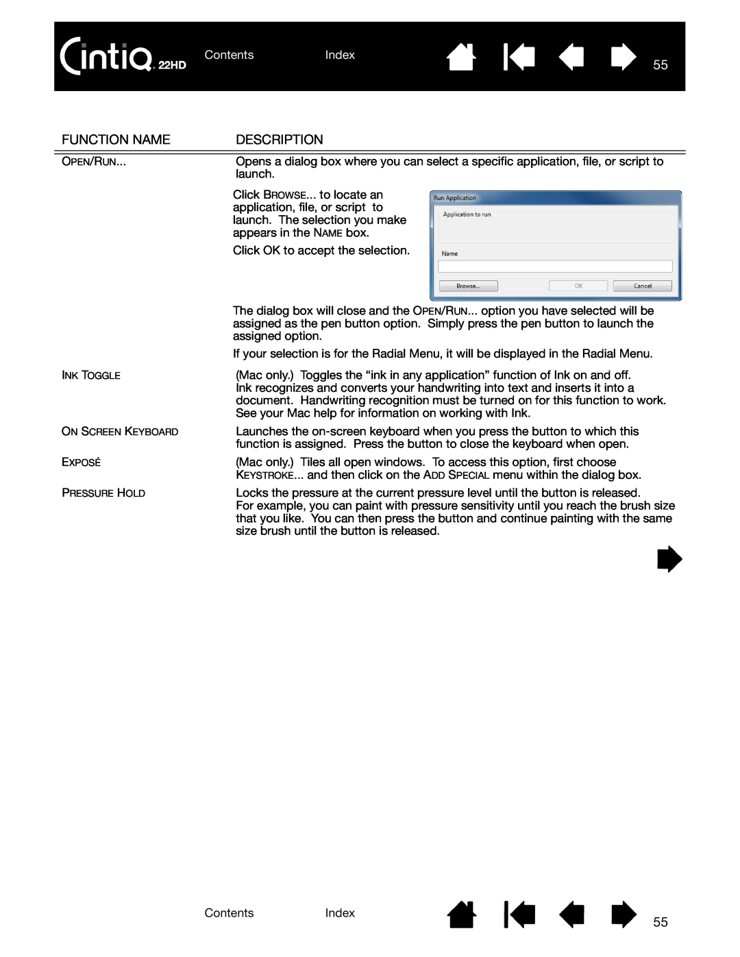 Wacom DTK-2200 user manual Function Name, Description, ContentsIndex 
