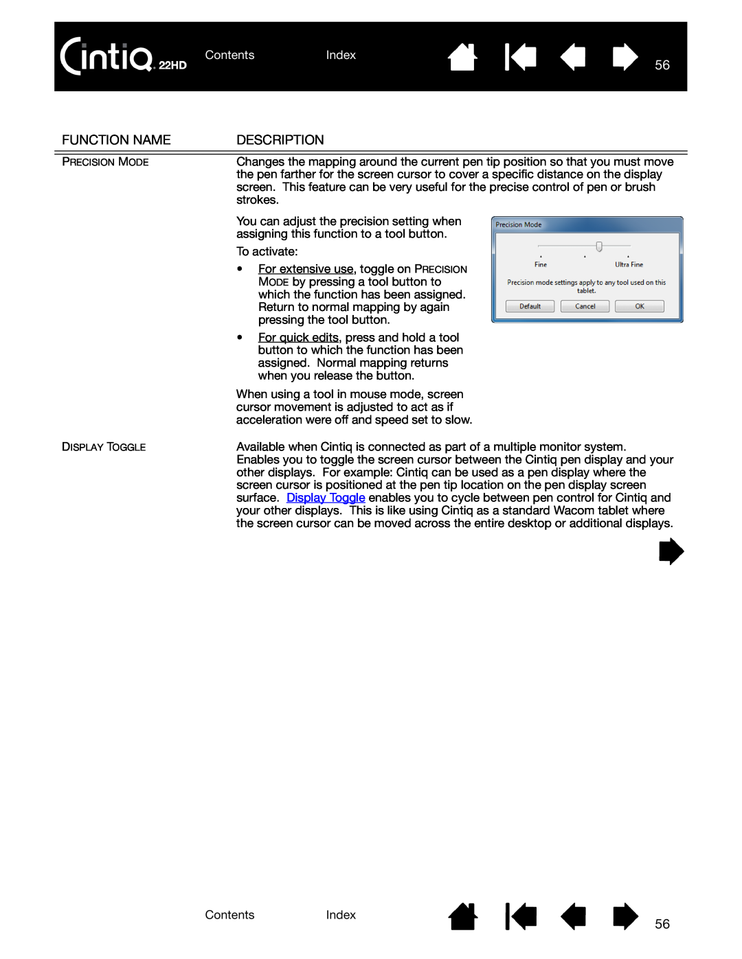 Wacom DTK-2200 user manual Function Name, Description, ContentsIndex, Precision Mode, Display Toggle 