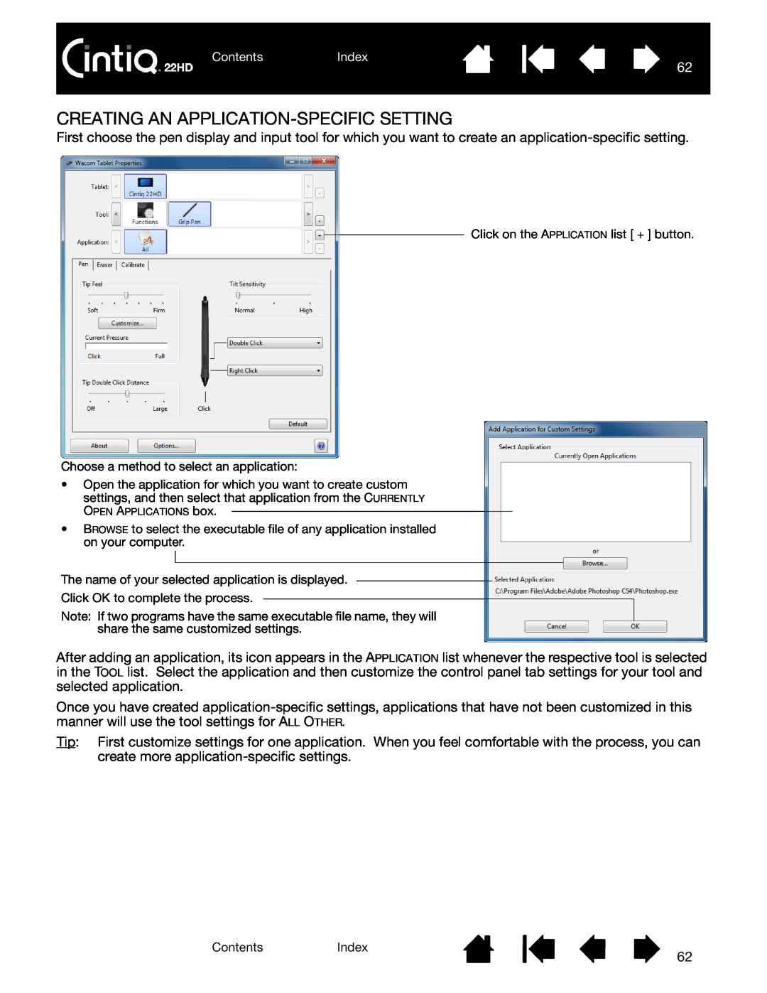 Wacom DTK-2200 user manual Creating An Application-Specific Setting, OPEN APPLICATIONS box 