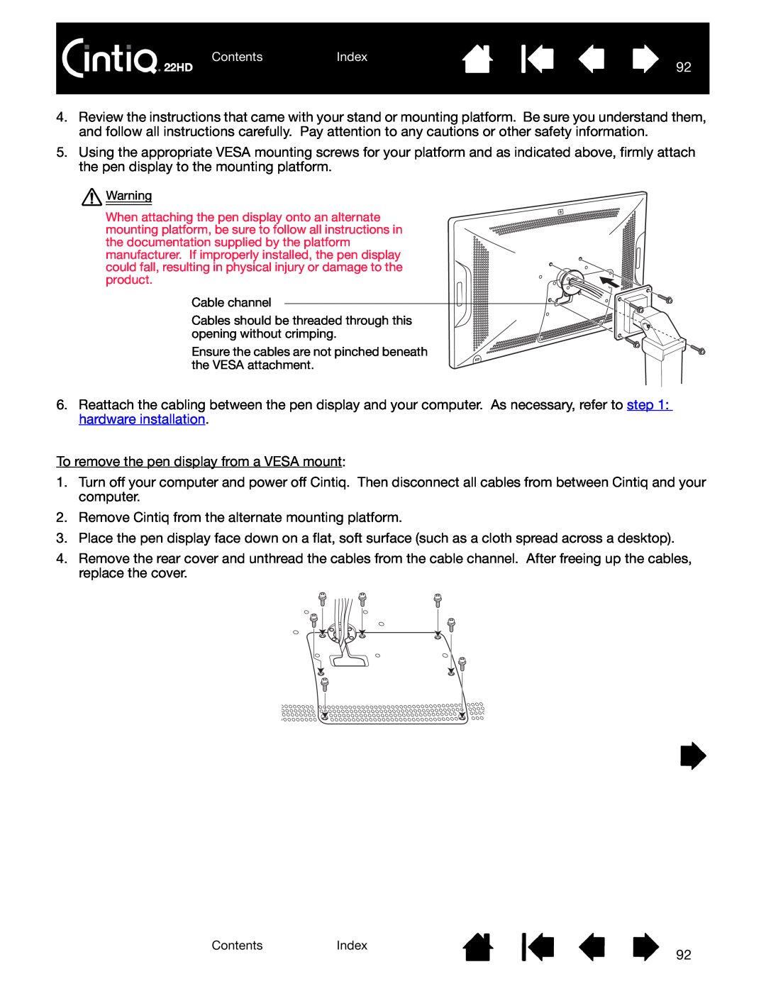 Wacom DTK-2200 user manual To remove the pen display from a VESA mount 