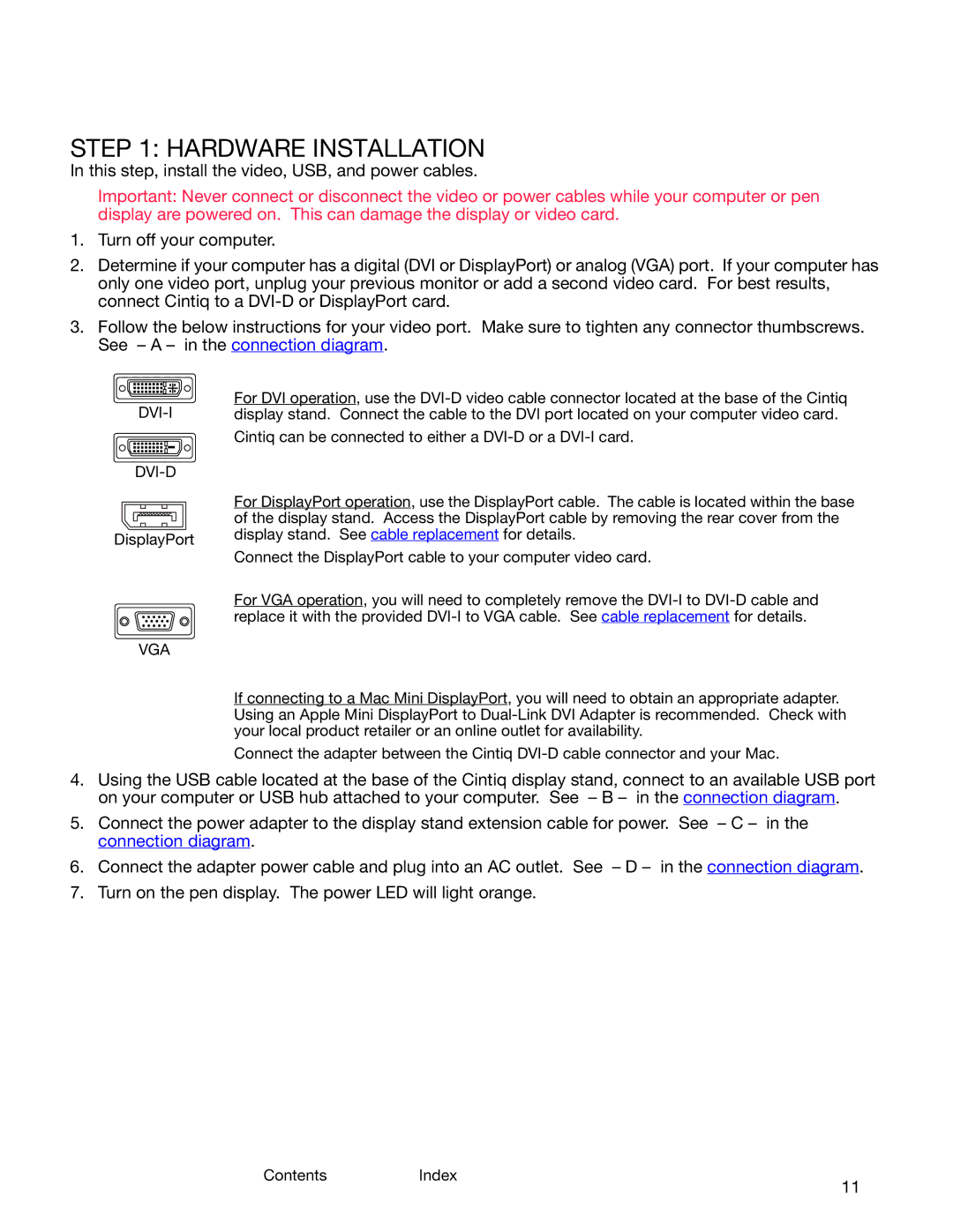 Wacom DTK-2400 user manual Hardware Installation, Dvi-I Dvi-D 