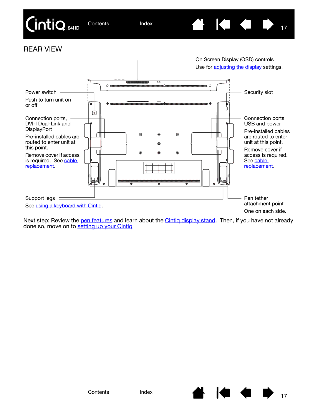 Wacom DTK-2400 user manual Rear View, Use for adjusting the display settings 