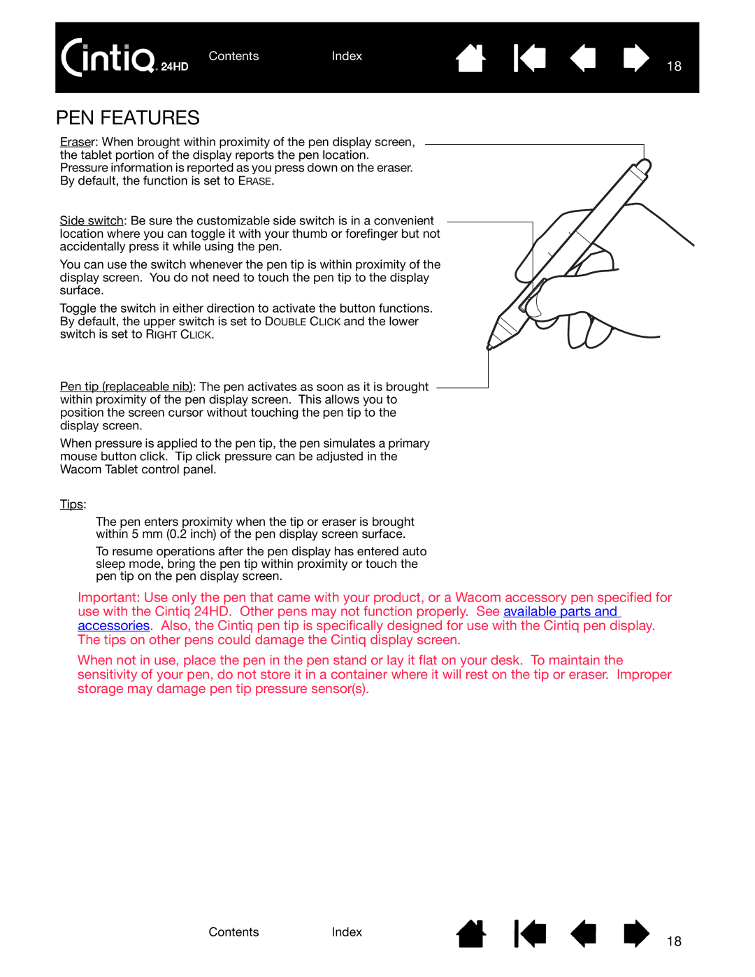 Wacom DTK-2400 user manual PEN Features 