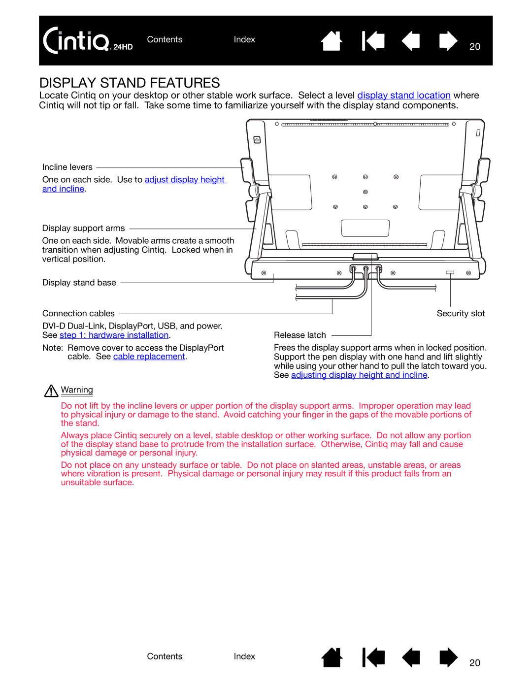 Wacom DTK-2400 user manual Display Stand Features, See hardware installation 