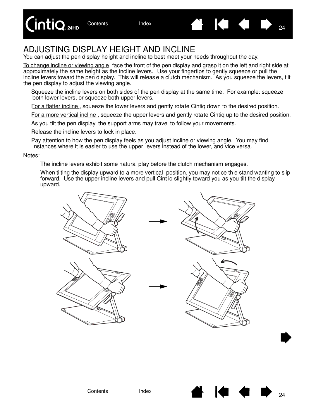 Wacom DTK-2400 user manual Adjusting Display Height and Incline 