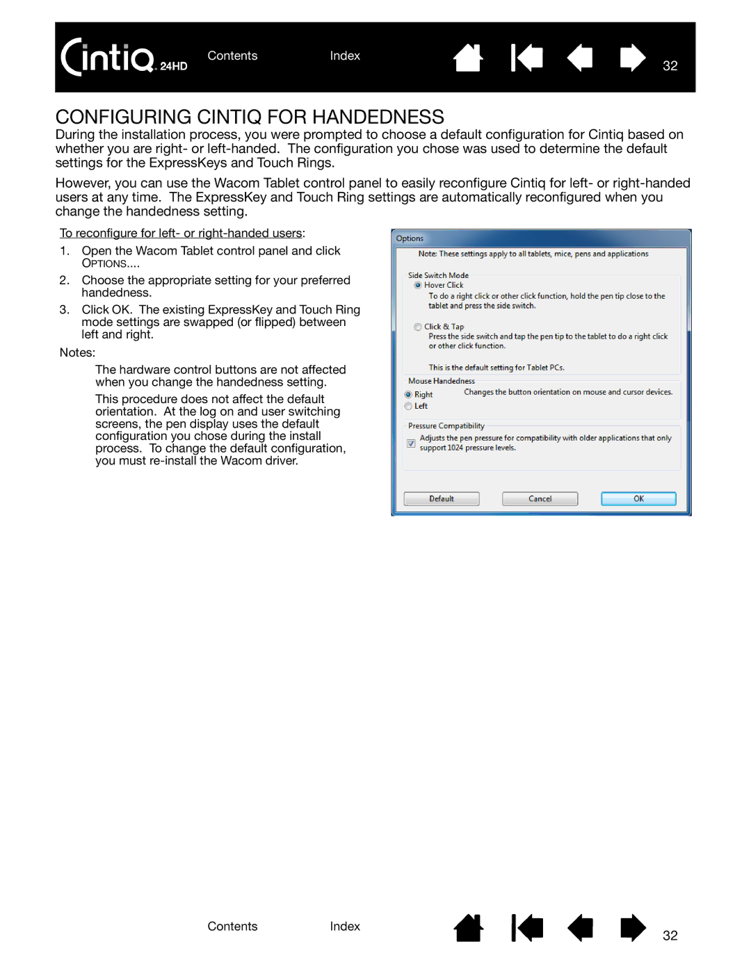 Wacom DTK-2400 user manual Configuring Cintiq for Handedness 