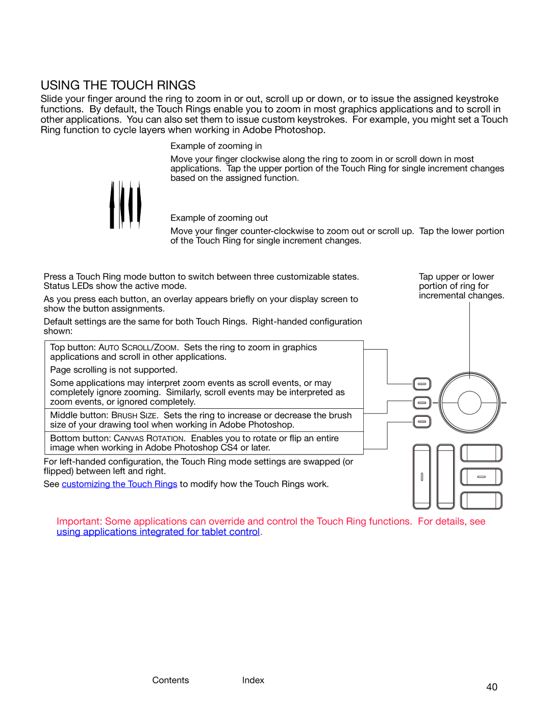 Wacom DTK-2400 user manual Using the Touch Rings 